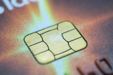 Computer chip on credit card close up