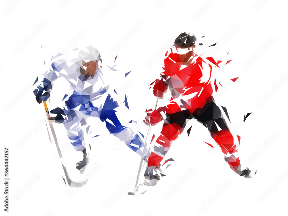 Poster Ice hockey. Two hockey players skating. Isolated low polygonal vector illustration. Front view