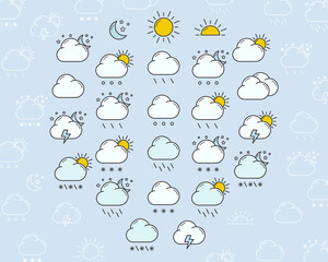 Weather Icons set - Vector color symbols and outline of snow, storm, rain, cloud, sunny, wind and moon for the site or interface