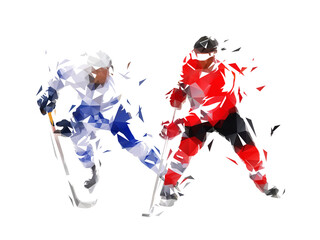 Fototapeta na wymiar Ice hockey. Two hockey players skating. Isolated low polygonal vector illustration. Front view