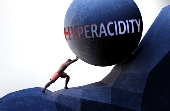 Hyperacidity as a problem that makes life harder - symbolized by a person pushing weight with word Hyperacidity to show that Hyperacidity can be a burden that is hard to carry, 3d illustration