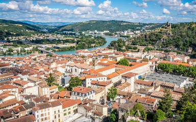 Panorama of Vienne with the old city and view of castle of la Batie in Vienne Isere France - obrazy, fototapety, plakaty
