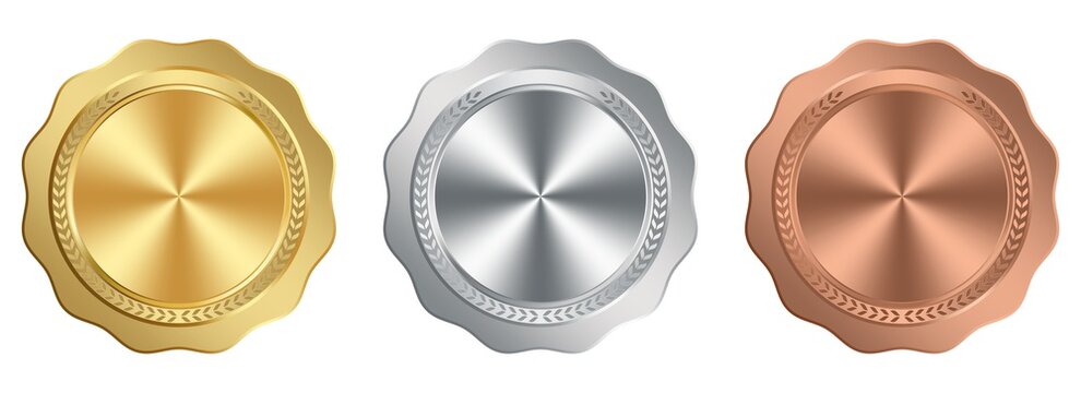 Medaille Vektor Set in Gold; Silber, Bronze und Lorbeerkranz auf einem wei&szlig;en isolierten Hintergrund.