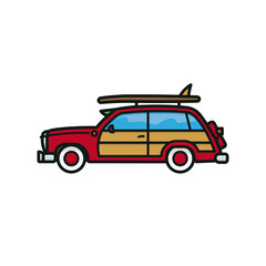 Woody Wagon surf trip automobile vector illustration for National Woody Wagon Day on July 18. Isolated surfer car symbol.