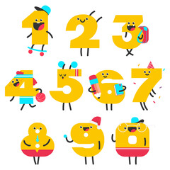 Cute cartoon numbers vector school characters isolated on a white background.