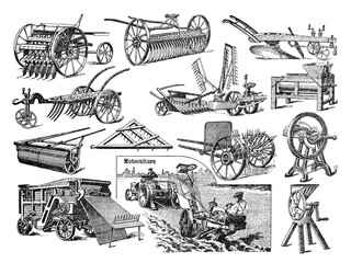 Antique agricultural equipment like ploughing nice collection / Vintage and Antique illustration from Petit Larousse 1914	