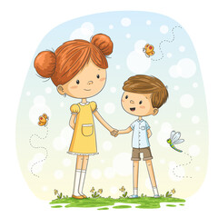 Little girl and boy on a meadow. Hand drawn vector illustration with separate layers.