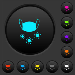 Medical mask and corona viruses dark push buttons with color icons