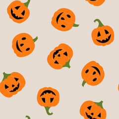Vector seamless pattern with pumpkins for Halloween. Funny Halloween pattern on a beige background. Flat cartoon illustration. For fabric, wrapping paper, textiles.