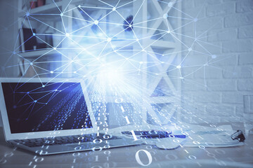 Double exposure of computer and technology theme hud. Concept of innovation.