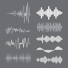 Collection white music wave on grey background. Vector set of isolated audio logos, pulse players, equalizer symbols sound design elements