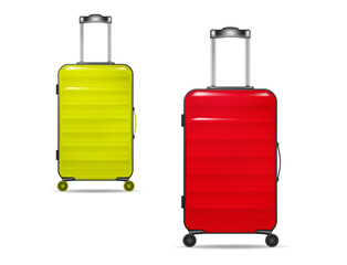 Luggage bag for modern travel - color set, realistic vector illustration. Large suitcases with metal handle and wheels. Easy to recolor