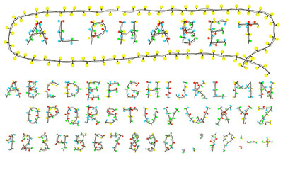 Latin alphabet with a garland isolated on white. Multi-colored light bulbs on wires. For Christmas and other holidays. Vector EPS 10.