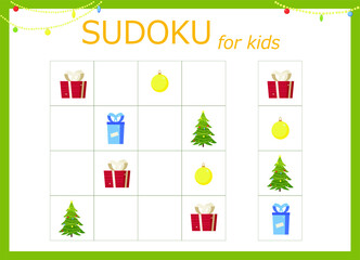 Sudoku for kids. Sudoku with a Christmas tree, gifts, toys, balls and flashlights.. Children's puzzles. Educational game for children. 