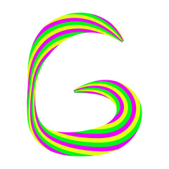 Capital letter G made from caramel candy isolated on white. Font made of curved colored stripes. Festive handwritten font for fun congratulatory text. Vector EPS 10.