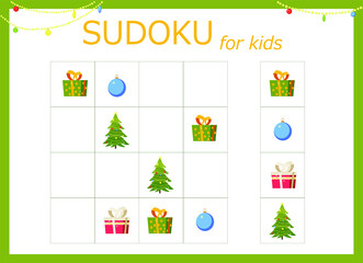 Sudoku for kids. Sudoku with a Christmas tree, gifts, toys, balls and flashlights.. Children's puzzles. Educational game for children. 