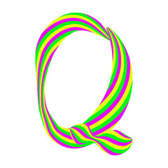 Capital letter Q made from caramel candy isolated on white. Font made of curved colored stripes. Festive handwritten font for fun congratulatory text. Vector EPS 10.