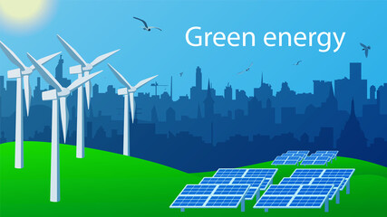 Green energy concept for environmental protection. Windmills and solar panels for generating electricity stand on the green grass. City skyline. Birds fly in the blue sky with the sun. Vector EPS 10.