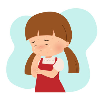 recommend clip art: Little girl scratching her hands because of allergy. Chickenpox, pimples, acne, varicella. Contagious viral infection. Flat style vector isolated on white.