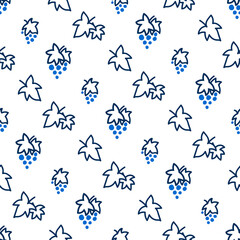 Seamless pattern with grapes in blue and white colors. Dark pattern on a light background with doodles for printing on fabrics, paper, packaging. Vector illustration
