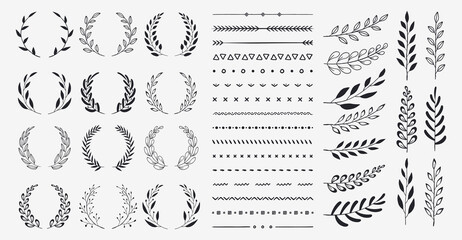 Set of black circular foliate laurels branches. Vintage laurel wreaths collection. Hand drawn vector laurel leaves decorative elements. Leaves, swirls, ornate, award, icon. Vector illustration.