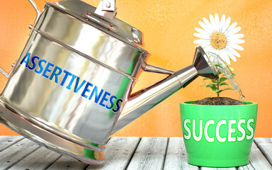 Assertiveness helps achieve success - pictured as word Assertiveness on a watering can to show that it makes success to grow and it is essential for profit in life, 3d illustration - obrazy, fototapety, plakaty