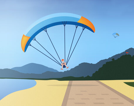 Illustration of paraglider on paraglide falling on seaside boulevard, summer landscape with mountains, sea, beach. Facebook, site, web cover
