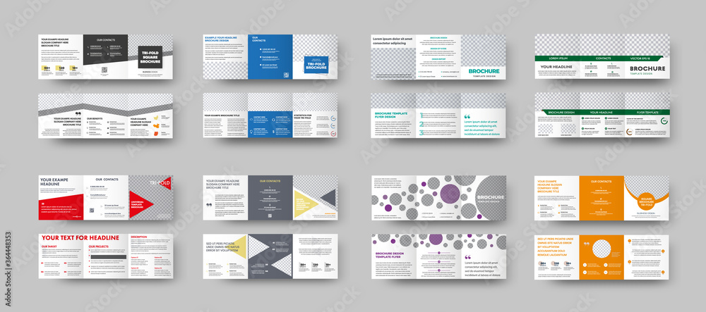 Poster Vector square tri-fold template with color geometric design, with realistic shadows.