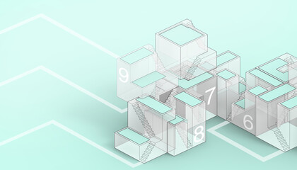 Creative idea Abstract Architectural Geometric box square random on Blue - Green background and Minimal Concepts - 3d Rendering