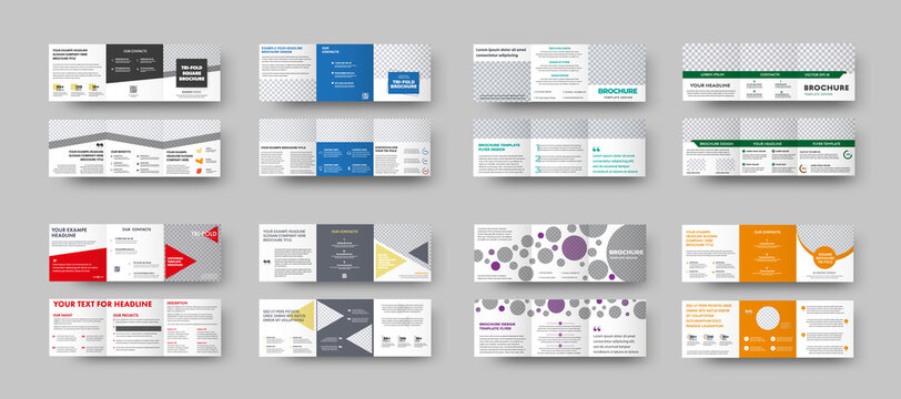 Vector square tri-fold template with color geometric design, with realistic shadows.