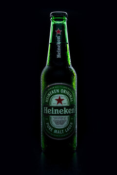 Russia, Moscow, July 11, 2020: Bottle of "Heineken" beer on a dark background