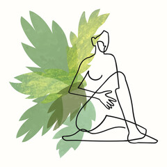 Vector outline illustration of woman body on floral background with exotic leaves. One line drawing. Greeting card, poster, banner, social media post, fashion print, invitation, sale, brochure