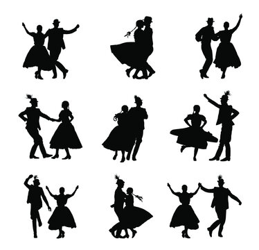 Hungarian csardas folk dancers couple in love vector silhouette. Germany folklore October fest actors. Austrian traditional wedding culture from East Europe. Balkan dancing. Woman and man festival. 