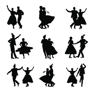 Hungarian csardas folk dancers couple in love vector silhouette. Germany folklore October fest actors. Austrian traditional wedding culture from East Europe. Balkan dancing. Woman and man festival. 