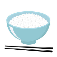 Bowl of rice and chopsticks icon isolated on a white background vector. Cute cartoon food icon for restaurant.