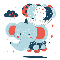 Cute baby elephant flying with balloons vector cartoon illustration isolated on background.