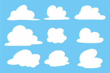Clouds silhouette vector set isolated on a blue background.