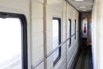 Interior with windows of Talgo train carriage.