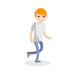 Young adult man in white t-shirt and blue jeans. Regular guy. ordinary boy running. Active motion and lifestyle. Cartoon flat illustration