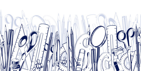 Seamless banner with school and office supplies.