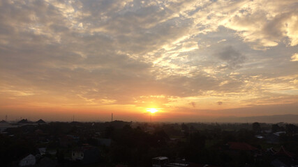 aerial view of sunrise in the rural area of ​​Bantul