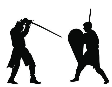 Knights in armor with sword fight vector silhouette isolated on white. Medieval fighter in battle. Hero protects castle walls. Armed man defend honor of family and people. Protect country against en