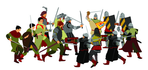 Knights in armor with sword fight vector illustration isolated on white. Medieval fighters in battle. Hero protects castle walls. Armed man defend honor of family people. Protect country against enemy