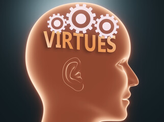 Virtues inside human mind - pictured as word Virtues inside a head with cogwheels to symbolize that Virtues is what people may think about and that it affects their behavior, 3d illustration