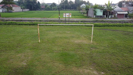 aerial view of the soccer goal on the village field