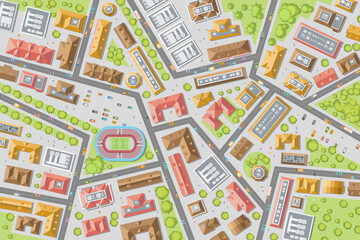 Vector illustration. City view from above. Streets, houses, buildings, roads, crossroads, park, station, stadium, trees, cars. (top view) 