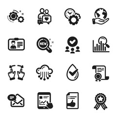 Set of Technology icons, such as New products, New mail. Certificate, approved group, save planet. Move gesture, Internet report, Cloud storage. Vector