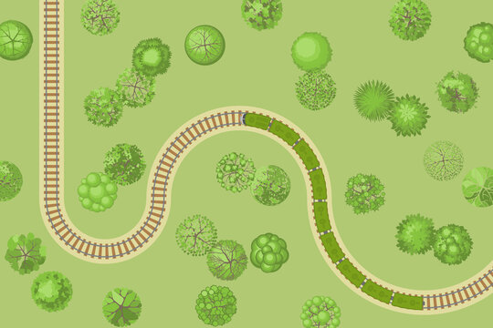 Vector illustration. Railway with trains. Top view.