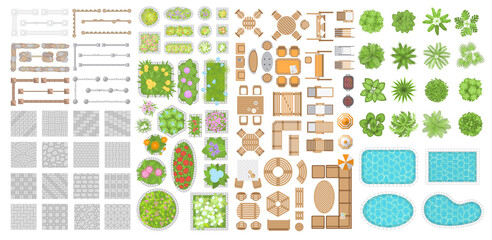 Collection for landscape design, plan, maps. (Top view) Trees, flower beds, swimming pools, pavement, fences, furniture. (View from above) 