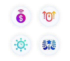 Swipe up, Contactless payment and World time icons simple set. Button with halftone dots. Ranking sign. Scrolling page, Financial payment, Measurement device. Laurel wreath. Technology set. Vector